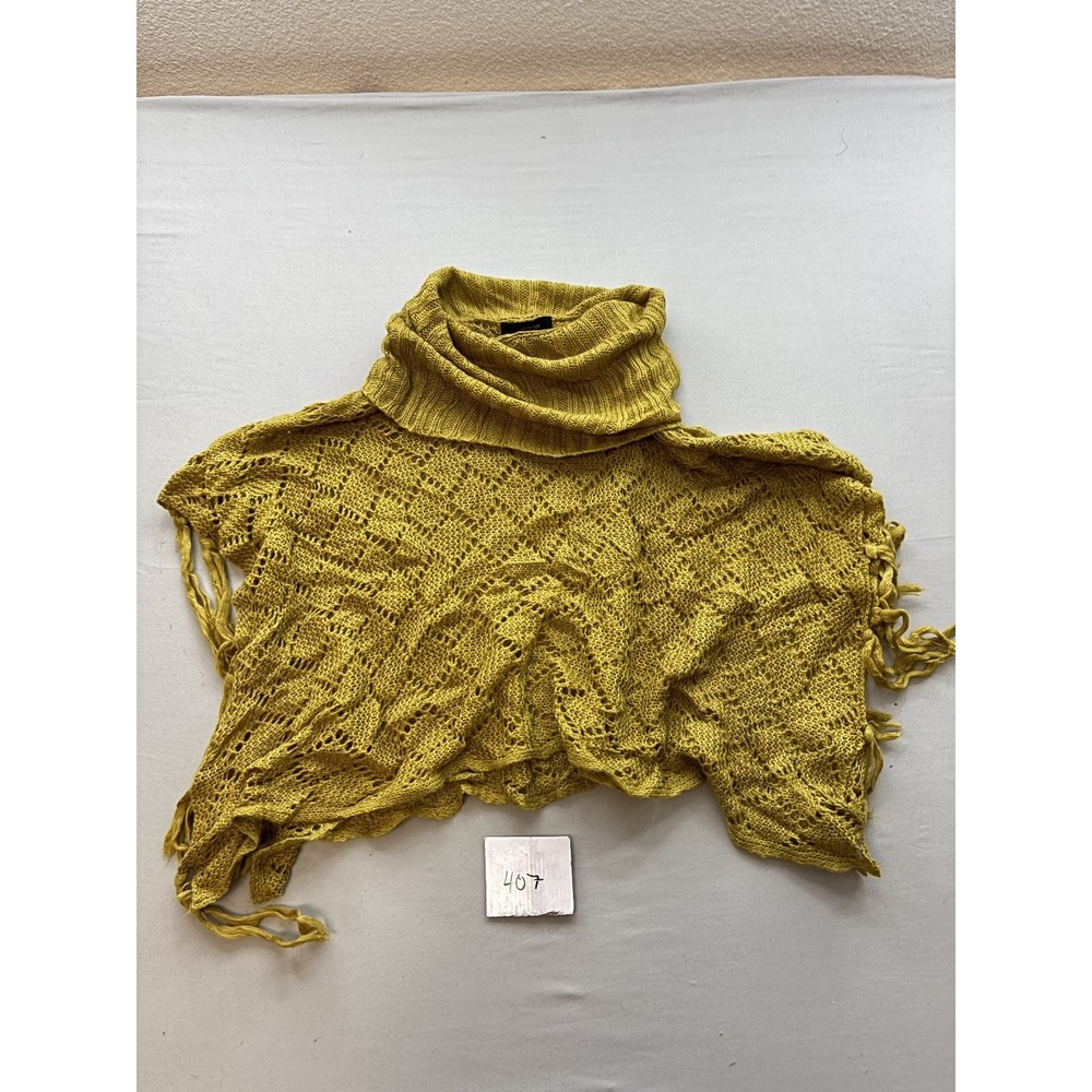 Ali Miles Womens Mustard Yellow Open Knit Fringe Cowl Neck Poncho Sweater S